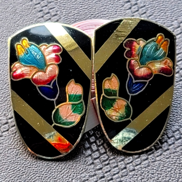 Big Vintage Cloisonne Enamel Orchid Flower Earrings. Gold tone. Rare find - Picture 1 of 6